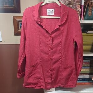 Vintage Flax Women's Small Peter Pan Collar Red Button-Up Top With Pockets